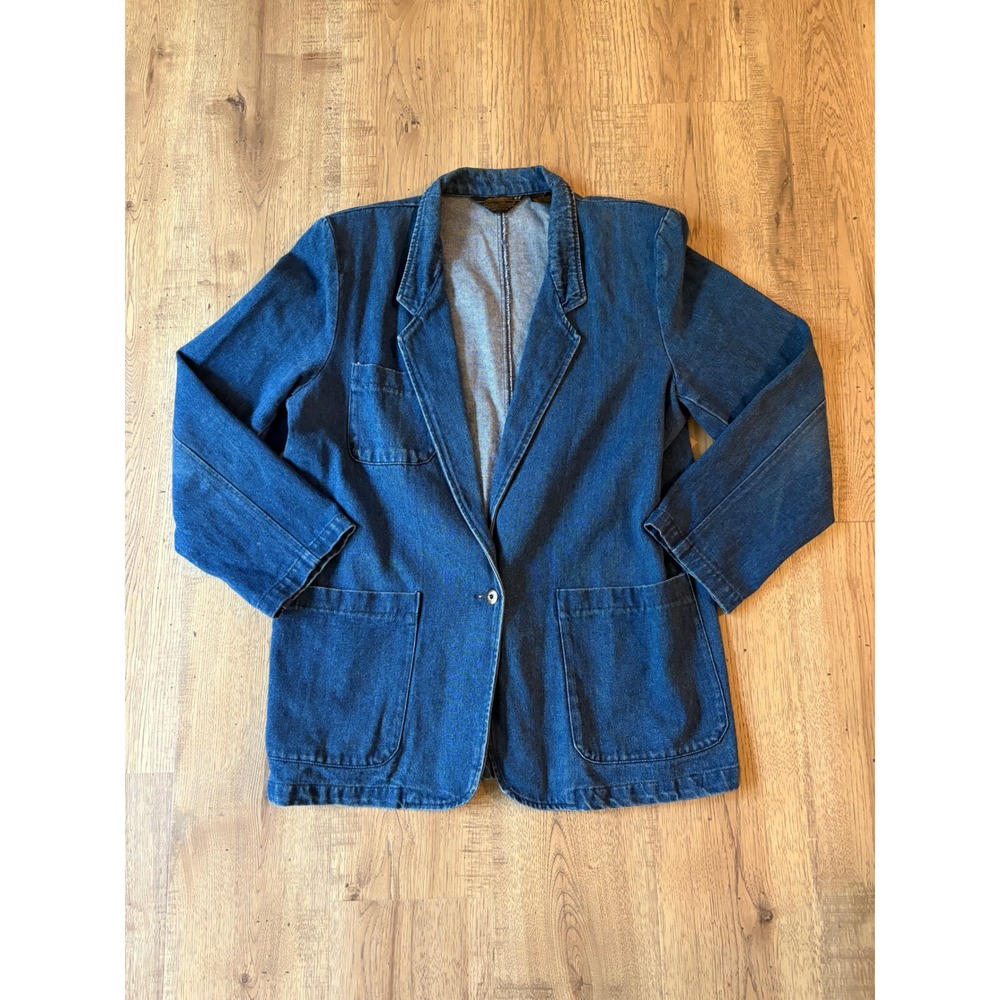 Vintage Eddie Bauer Denim Blazer Women's Large Blue Shoulder Pads Coastal 90s